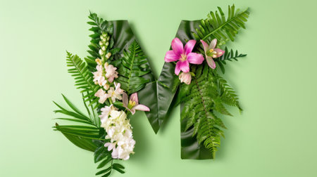Fresh and vibrant depiction of the letter M, artfully crafted with green leaves and delicate flowers against a soft pastel background, symbolizing nature's beauty.の素材