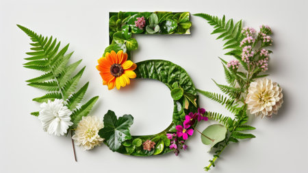 A stunning arrangement of the number five made from fresh flowers and green leaves, perfect for creative projects and nature-themed designs.の素材