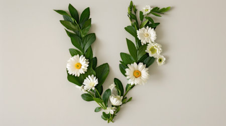 A beautiful floral arrangement shaped like the letter V, featuring white flowers and green leaves, creating a harmonious and artistic visual display.の素材