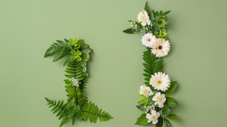 This image showcases a beautiful arrangement of green leaves and white flowers intricately displayed on a soft green background, symbolizing freshness and nature.の素材