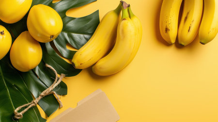 A vibrant arrangement featuring fresh bananas and tropical fruits set against a lively yellow background and adorned with green leaves, creating a cheerful atmosphere.の素材
