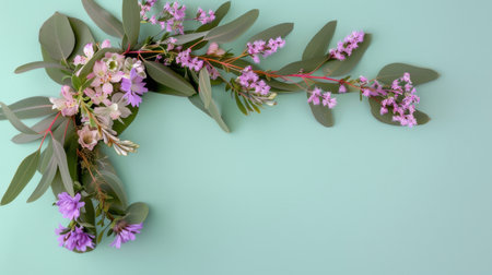 This beautiful floral arrangement features an assortment of fresh flowers and lush green leaves on a soft mint background, ideal for various decor projects.の素材