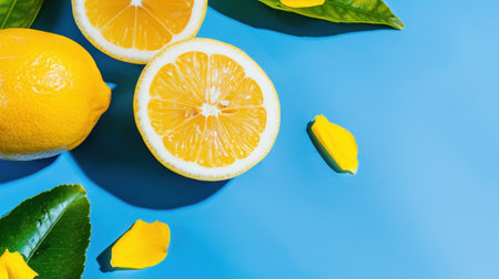 This vibrant image showcases fresh lemons on a blue background, featuring a sliced lemon alongside yellow petals and green leaves, perfect for culinary or decor use.の素材