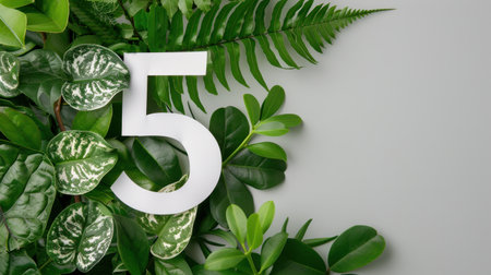 A stunning composition featuring lush greenery with a bold white number five on a soft gray background, perfect for design and creative projects.の素材