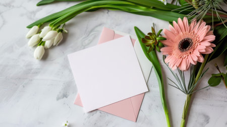 This elegant flat lay features a beautiful pink flower and white tulips next to blank cards and greenery, set on a stylish marble surface. Perfect for spring inspirations.の素材