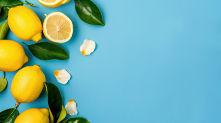 A vibrant arrangement of fresh lemons, green leaves, and lemon slices on a blue background, evoking summer, freshness, and healthy eating habits. Perfect for culinary, lifestyle, and natural beauty themes.の素材