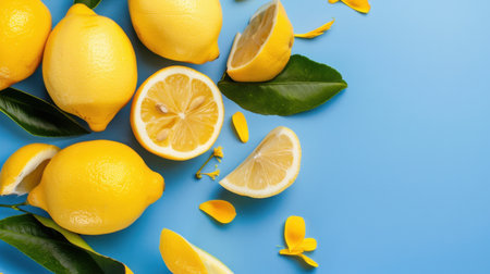 Display of fresh yellow lemons on a blue background, showcasing whole and sliced fruits with green leaves and yellow petals, perfect for culinary themes.の素材