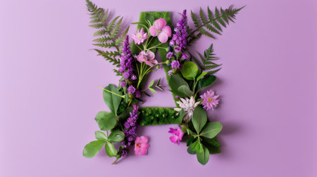 This beautiful image features a floral arrangement forming the letter A, crafted from fresh plants and colorful flowers on a soft purple background.の素材