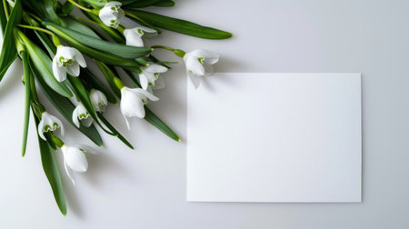 A visually appealing arrangement of elegant white snowdrop flowers beside a blank card on a smooth gray surface, perfect for invitations or decorative designs.の素材