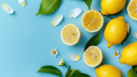 A vibrant arrangement of fresh lemons alongside sliced pieces, green leaves, and delicate petals set against a cheerful blue backdrop, perfect for food photography.の素材