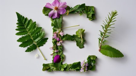 A creative composition featuring the letter E crafted from an assortment of fresh greens and colorful flowers, set against a clean white background.の素材