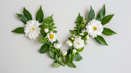 A delicate floral arrangement featuring white flowers and lush green leaves on a soft neutral background, perfect for various decorative and artistic uses.の素材