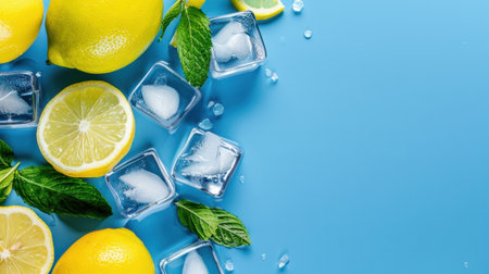 A vibrant arrangement of fresh lemons, mint leaves, and clear ice cubes, perfect for summer drinks. This colorful setup on a blue background evokes a refreshing sensation.の素材