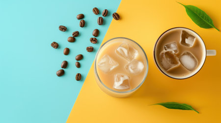 A vibrant composition featuring iced coffee and hot coffee in stylish glassware, accompanied by coffee beans and green leaves, perfect for summer.の素材