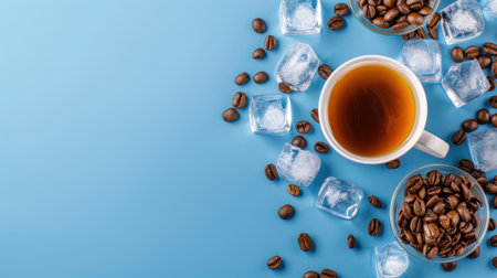 An inviting scene showcasing a freshly brewed cup of coffee surrounded by ice cubes and roasted coffee beans against a light blue background. Perfect for beverage-related themes.の素材