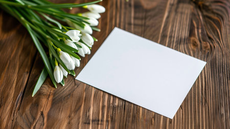 A serene composition featuring a blank card alongside fresh white flowers arranged on a rustic wooden table, perfect for personal notes or invitations.の素材