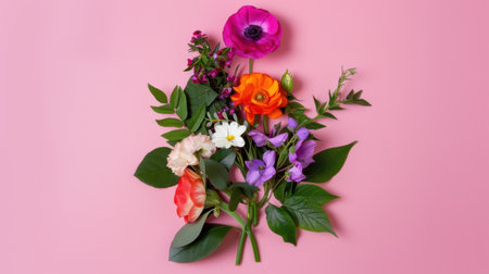 A stunning floral arrangement showcasing a variety of colorful flowers against a soft pink background, perfect for capturing nature's beauty and vibrancy.の素材