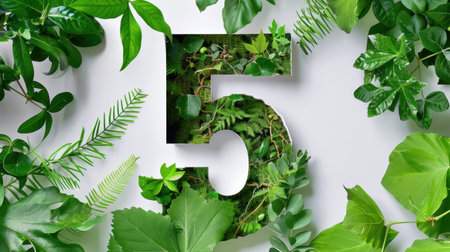 A captivating green number five blends seamlessly with fresh tropical leaves, creating a vibrant and organic feel perfect for nature-themed projects.の素材