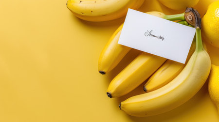 A visually appealing arrangement of fresh bananas and bright yellow lemons on a sunny yellow background, featuring a blank invitation card for customization.の素材