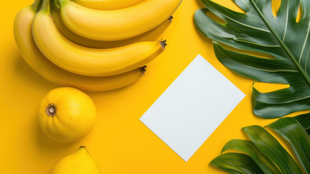 A vibrant arrangement featuring fresh bananas and yellow fruits alongside lush green leaves on a bright yellow background, perfect for food and lifestyle themes.の素材
