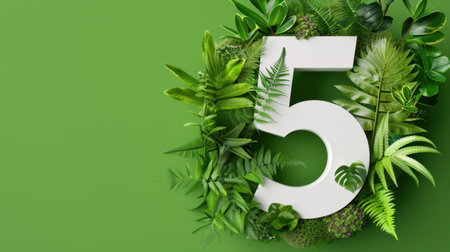 This image features the number five surrounded by a variety of lush green plants and leaves, creating a fresh and vibrant atmosphere ideal for nature-themed projects.の素材