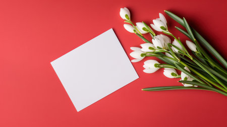 A stunning arrangement of snowdrop flowers next to a blank card on a vibrant red background, perfect for seasonal greetings, invitations, or creative designs.の素材