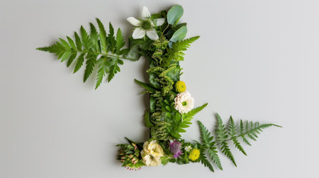 A stunning visual of the number one crafted from an assortment of fresh flowers and leaves. Perfect for celebrating milestones, nature themes, and creativity.の素材