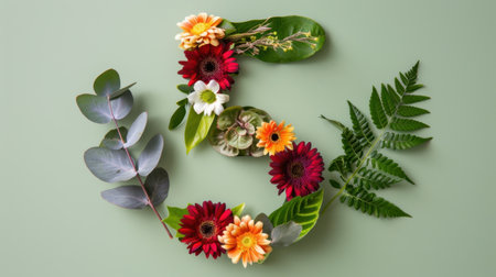 This charming floral arrangement showcases the number five, composed of vibrant blooms and lush greenery, perfect for celebrations and design projects.の素材