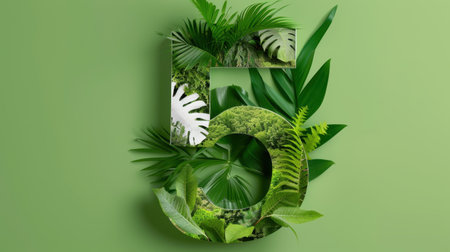 A vibrant green number five artfully placed among an array of lush tropical foliage. Ideal for themes of nature, growth, and environmental awareness.の素材