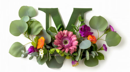 A stunning floral arrangement featuring a large green letter adorned with a variety of colorful flowers, creating a lovely and cheerful display on a white background.の素材