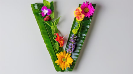 Beautiful arrangement of the letter V created with vibrant flowers and tropical leaves on a soft backdrop, perfect for unique design projects.の素材
