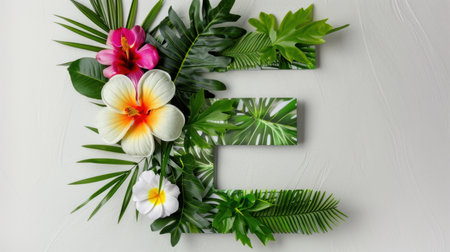 A vibrant floral letter E, adorned with tropical leaves and bright flowers, perfect for personalizing creative design projects or seasonal decor.の素材
