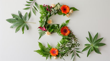 A stunning floral arrangement depicting the letter E, crafted with bright flowers and rich greenery against a soft background, perfect for design inspiration.の素材