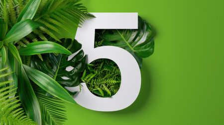 A vivid green background featuring a large number five, surrounded by a variety of lush tropical leaves, ideal for nature-themed projects.の素材
