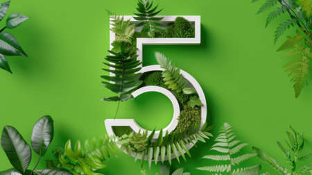 This captivating image features a stylized number five surrounded by lush green leaves and vibrant plants, symbolizing growth and environmental beauty.の素材