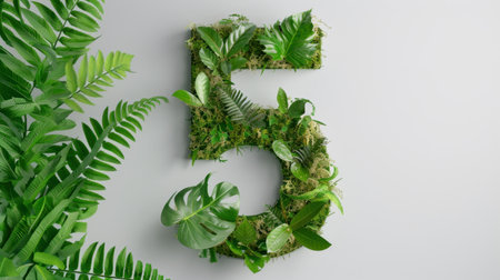 A vibrant number five artfully created from lush greenery, leaves, and moss, perfect for nature-themed projects and eco-friendly designs showcasing life and growth.の素材