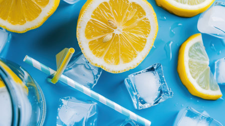 This vibrant composition features fresh lemon slices, crystal-clear ice cubes, and a colorful straw, creating a refreshing drink atmosphere perfect for summer gatherings.の素材