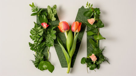 This artistic image showcases the letter M creatively decorated with vibrant flowers and lush greenery, perfect for springtime inspirations and floral decor.の素材