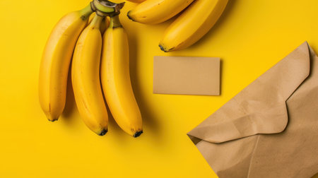 This captivating image showcases fresh yellow bananas on a vibrant yellow background accompanied by a brown envelope and blank card, perfect for culinary themes.の素材