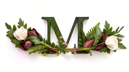 A stunning floral composition featuring the letter M adorned with vibrant blooms and lush greenery against a clean white backdrop. Perfect for celebrations.の素材