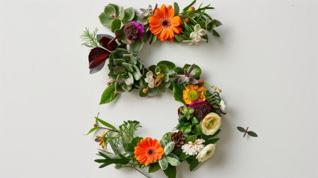 This artistic floral arrangement forms the number five, showcasing a vibrant mix of colorful blooms and lush greenery, perfect for celebrations or events.の素材