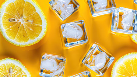 A vibrant arrangement of fresh lemon slices and ice cubes on a bright yellow background, perfect for summer drinks, cocktails, and refreshing desserts.の素材