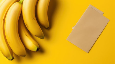 A stunning collection of fresh bananas on a vivid yellow background next to an empty folder, perfect for creative notes, ideas, or inspiration.の素材