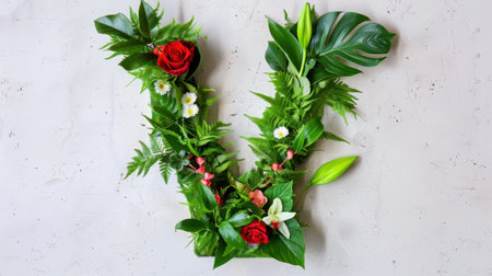 This stunning floral composition features vibrant roses and lush green leaves arranged in the shape of the letter V, ideal for weddings, events, or decorative purposes.の素材