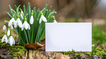Delicate snowdrops bloom alongside a blank card set on rustic wood, perfect for personal messages or invitations in a serene, natural environment.の素材