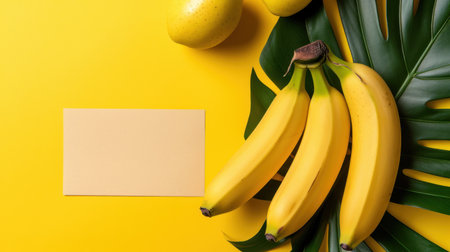 A visually striking image featuring bright yellow bananas resting among tropical leaves on a stunning yellow background, perfect for food-themed projects.の素材