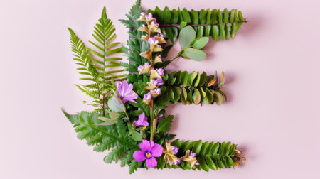 This enchanting floral arrangement features the letter E crafted from lush green leaves and delicate pink flowers, perfect for creative projects or branding.の素材