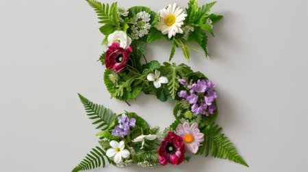 This image features an artistic arrangement of flowers and foliage shaped into the letter S, celebrating nature's beauty through vibrant colors and textures.の素材