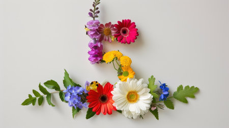 A stunning arrangement of colorful fresh flowers crafted into the numeral five, showcasing artistic beauty and vibrant detail on a soft light background.の素材