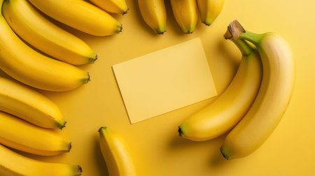 A vibrant arrangement of fresh yellow bananas on a bright yellow background, featuring a blank card. Ideal for marketing, design, and healthy lifestyle concepts.の素材